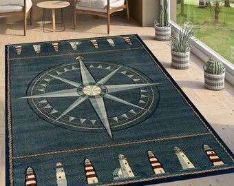 Compass Rug: Nautical Lighthouse Decor, Non-Slip Cotton Base