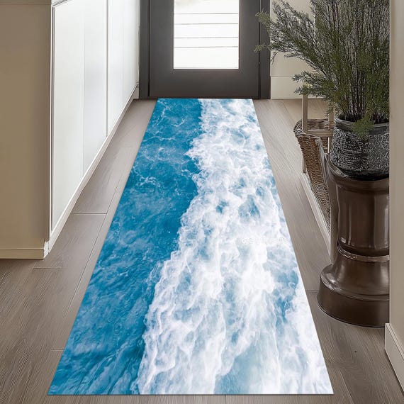 Blue Ocean Wave Rug: Nautical Beach Decor, Cotton Woven