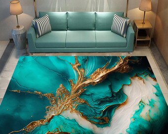 May include: Abstract area rug with a teal and white background and gold accents. The rug features a swirling, marble-like design.