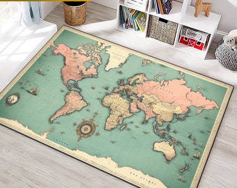 May include: A vintage-style world map rug with a light blue background and brown and pink continents. The rug has a distressed look and features a compass design in the center.