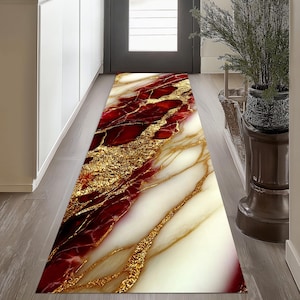 Tapis de passage en marbre rouge et doré,Tapis en marbre,Tapis de salon,Tapis en marbre colorés,Tapis de couloir,Tapis,Décoration en marbre,Cadeau pour la maison,Tapis, Carpette