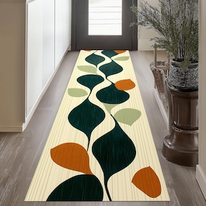 Mid Century Modern Runner Rug: Geometric Leaf Design