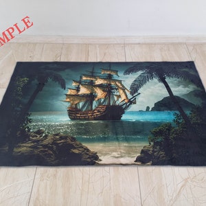 May include: Rectangular rug featuring a detailed illustration of a tall ship sailing on a blue ocean under a cloudy sky. Palm trees frame the scene, with rocky shores in the foreground. The word "SAMPLE" is printed in red.