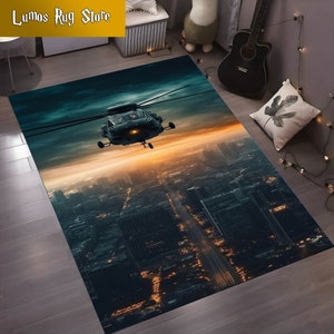 Helicopter Rug, Living Room Rug, City Themed Rug, Military Rug, Army Rug, Soldiers Rug, War Theme Rug, Custom Rug, Gift For Him, Area Rug
