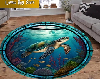 Sea Turtle Round Rug: Ocean Animal Kids Room Decor
