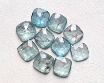 Lot de 10 pierres précieuses en forme de coussin taillé en rose cyanite aqua naturel | Taille : 8 x 8 mm | Aqua cyanite avec dos plat pour la fabrication de bijoux