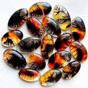 May include: A collection of 16 oval-shaped agate cabochons with dendritic patterns in shades of black, orange, and yellow. The cabochons are polished and have a glossy finish.