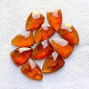 Può includere: Una collezione di gemme sfaccettate a forma di scudo, nei toni dell'arancione e dell'ambra. Le gemme sono disposte su una superficie bianca e strutturata, mostrando le loro superfici lucide e la chiarezza interna. Ideali per la creazione di gioielli.