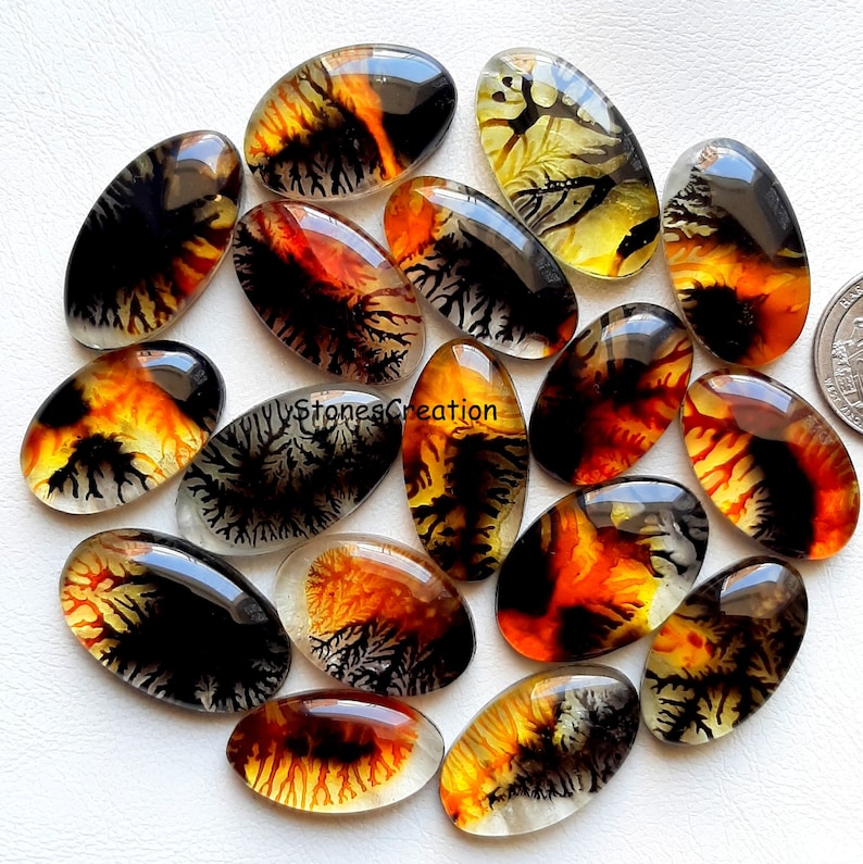 May include: A collection of 15 oval-shaped agate cabochons with dendritic patterns in shades of black, orange, and yellow. The cabochons are polished and have a translucent appearance.