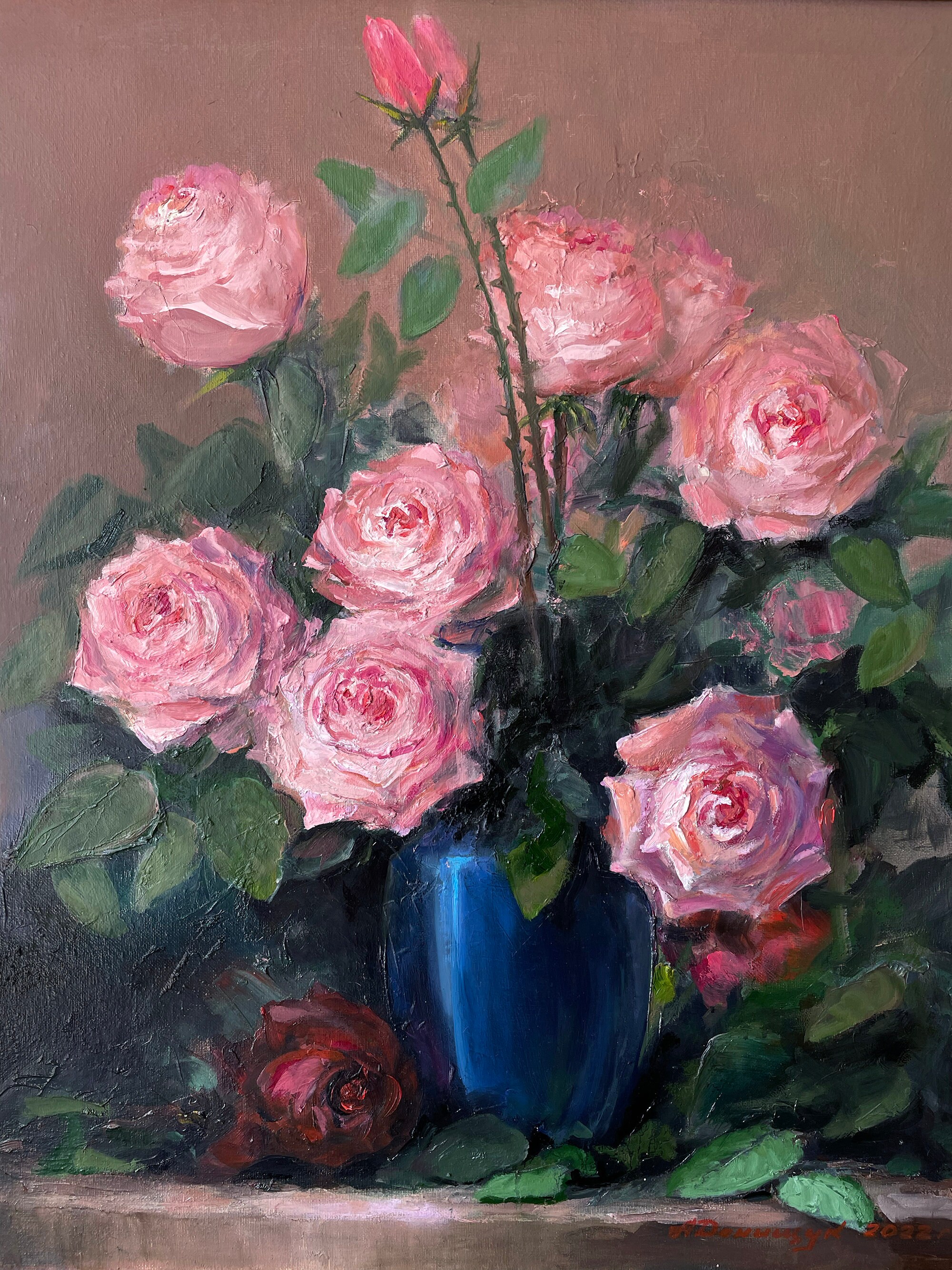Pink Roses Oil Painting, Floral Still Life Oil Painting, Dark Still ...