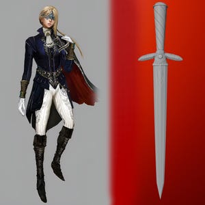 May include: A woman wearing a dark blue coat with a white shirt and white trousers. She has a black eye mask and a red cape. She is holding a sword in her right hand. The sword is silver with a black handle.