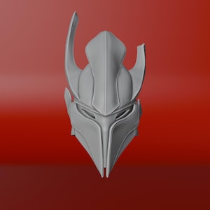 May include: A gray, detailed helmet with a pointed, angular design. The helmet has a tall, pointed crest and a face mask with eye slits.