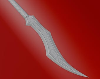 May include: A silver-colored sword with a curved blade and intricate details. The sword has a pointed tip and a handle with a textured grip.
