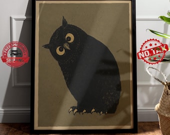 Vintage uilenkunstprint, Japanse houtsnede uilenposter, sfeervolle Japanse muurdecoratie, minimalistische uilendecoratie, neutrale natuurprint, retro vogelkunstwerk