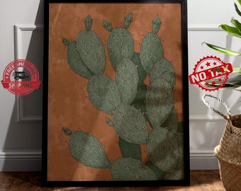 Quadro minimalista vintage con cactus, stampa del deserto del sud-ovest, poster botanico in terracotta, arredamento boho desertico, opera d'arte naturalistica con fico d'India.