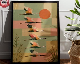 Mid Century Modern Crane Wall Art,Colorful Mid Century Modern Cranes Wall Art - Birds In Flight Art Print Herons