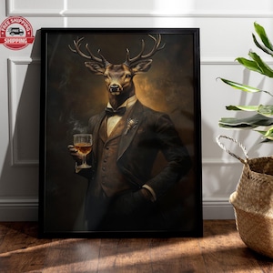 Stag Drinking Whisky Wall Art Print // Vintage Painting Style Portrait of Scottish Stag / Deer in Victorian Suit - Animal Decor Poster Gift