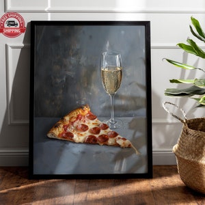 Champagne en pizza canvasafdruk | Ingetogen indachtig eigenzinnig grappig grillig | Cocktail Art Decor Barwagen | Cadeau olieverfschilderij | Keukenmuur