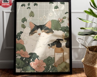 Tabby Cat Bath Art Print, Japanese Ukiyoe Bathroom Decor