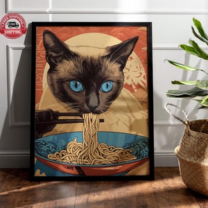 Poster vintage con gatto che mangia noodles ramen, divertente decorazione murale con gatto nero, decorazione da cucina, stampa artistica con gatto di ispirazione giapponese, regalo unico per gli amanti dei gatti.