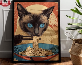 Black cat eating noodles, Ramen Japan art print, Japanese wall decor, Neutral minimalist poster, Aesthetic wall art, Unique Cat Lover Gift