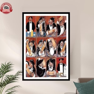 May include: A framed wall art print featuring a grid of twelve panels depicting a person in a tuxedo performing various actions. The top left and bottom right panels show the person standing with a glass and a bottle labeled Absolut Vodka.