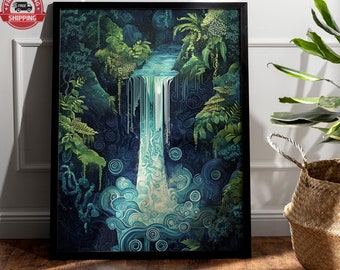 May include: A digital painting of a waterfall cascading down a cliff face, surrounded by lush green foliage. The water is a vibrant blue and white, and the background is a dark blue with swirling patterns.