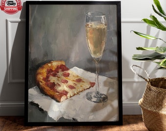 Champagne and Pizza Art Print: Quirky Kitchen Bar Cart Decor