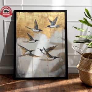 Golden Bird Flock Wall Art: Mid Century Modern Giclee Print