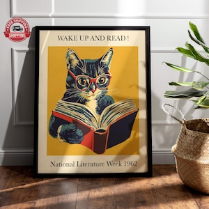 Cat Reading Poster, Wake Up and Read! -Vintage Cat Wall Art, Gift Quirky Cat Illustration, Retro Library Poster, Cat Reading Poster
