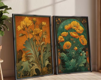Set of 2 Art Nouveau Botanical Wall Art, Vintage Floral Poster, Golden Flower Illustration, Nature Inspired Print, Elegant Home Decor