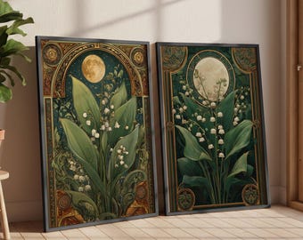 Set of 2 Art Nouveau Botanical Wall Art, Vintage Floral Poster, Golden Flower Illustration, Nature Inspired Print, Elegant Home Decor