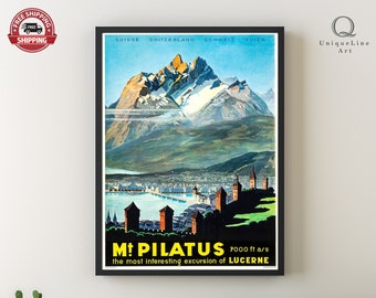 Pilatus Schweiz, Suisse Vintage Travel Poster, Switzerland Framed Canvas , Mount Vintage Poster, Retro Poster, Wall Decor, Travel Gift İdea
