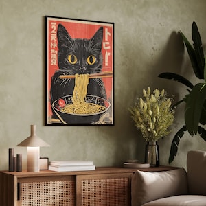 Arte da Parete Vintage Gatto che Mangia Ramen, Arte delle Tagliatelle, Stampa di Poster Giapponese Retrò Unica per Decorazione da Cucina