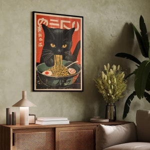 Vintage Katze, die Nudeln isst Poster, Retro Wandkunst, Coole Katzen Dekoration, Asiatisch inspirierter Kunstdruck, Einzigartiges Geschenk für Katzenliebhaber, Küchen Wanddekoration