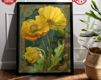 Art Nouveau Botanical Wall Art, Vintage Floral Poster, Golden Flower Illustration, Nature Inspired Print, Elegant Home Decor