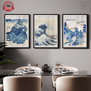 Japanese Framed Prints Set of 3, Minimal Wall Decor, Kanagawa Print, Japanese Hokusai Prints, Great Wave Print, The Great Wave, Vintage Art,