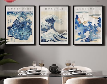 Japanese Framed Prints Set of 3, Minimal Wall Decor, Kanagawa Print, Japanese Hokusai Prints, Great Wave Print, The Great Wave, Vintage Art,