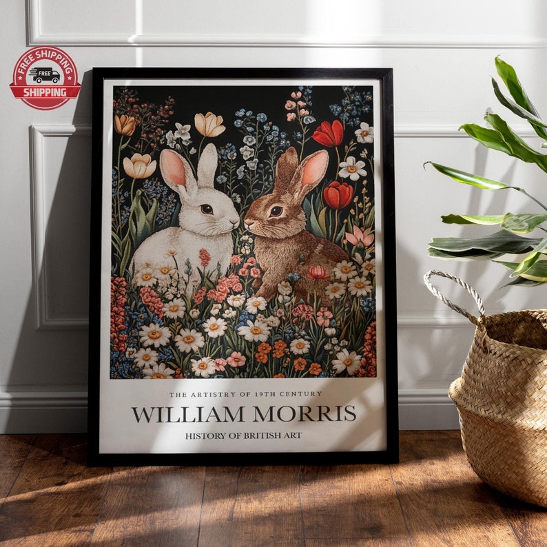 May include: A black and white poster featuring a white rabbit and a brown rabbit in a field of colourful flowers. The text "THE ARTISTRY OF 19TH CENTURY WILLIAM MORRIS HISTORY OF BRITISH ART" is at the bottom of the poster.