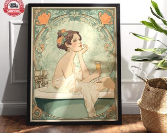 Art Deco Bathroom Print Of Woman In Bathtub With Champagne, Art Fashionista GiftGlamorous 1920 Coquette Aesthetic, Alcohol Chic Giclée Wall