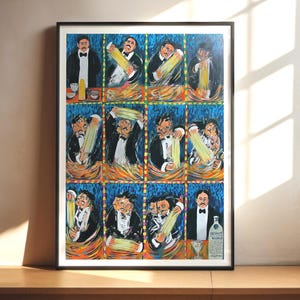 Könnte beinhalten: Ein gerahmtes Kunstwerk mit einem Raster aus bemalten Tafeln. Jede Tafel zeigt einen Mann im Smoking, der einen langen, gelben Gegenstand hält. Das Kunstwerk hat einen blauen Hintergrund mit orangefarbenen und gelben Akzenten. Eine Flasche Absolut Vodka ist sichtbar.
