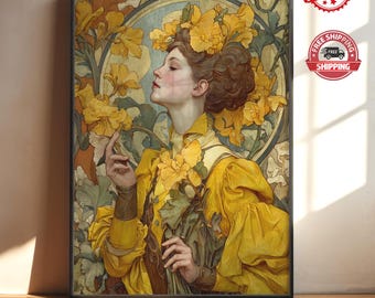 Art Nouveau Woman Wall Art, Vintage Floral Portrait, Golden Flower Poster, Elegant Female Botanical Print Decor