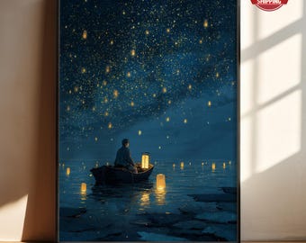 Gustav Klimt Night Sea Print, Starry Boat Painting, Dreamy Blue Ocean Wall Art, Surreal Modern Vintage Poster, Tranquil Celestial Sky Decor