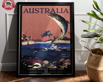 Vintage reisposter Australië Great Barrier Reef: Queensland Travel Print, Australia Travel Print, Fishing Wall Art