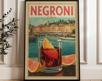 Classic Negroni Cocktail Poster | Vintage Style Alcohol Advertisement Print | Retro Bar Wall Art