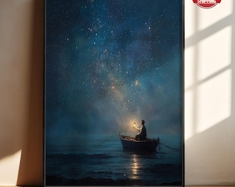 Gustav Klimt Night Sea Print, Starry Boat Painting, Dreamy Blue Ocean Wall Art, Surreal Modern Vintage Poster, Tranquil Celestial Sky Decor