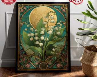 Art Nouveau Botanical Wall Art, Vintage Floral Poster, Golden Flower Illustration, Nature Inspired Print, Elegant Home Decor