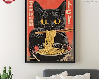 Gato negro comiendo fideos, impresión artística de ramen japonés, decoración de pared japonesa, póster minimalista neutro, arte de pared estético, regalo único para amantes de los gatos.