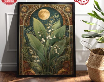 Art Nouveau Lily of the Valley Print: Emerald Moon, Botanical Wall Art