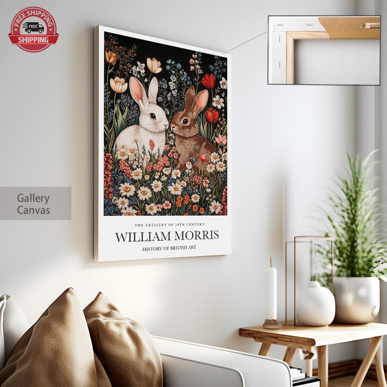 May include: A gallery canvas print featuring a vintage illustration of two rabbits in a field of flowers. The text "THE ARTISTRY OF 19TH CENTURY WILLIAM MORRIS HISTORY OF BRITISH ART" is printed below the image.